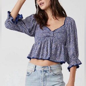 Free People Brittnee Print Smocked crop Peplum Top Size Small
